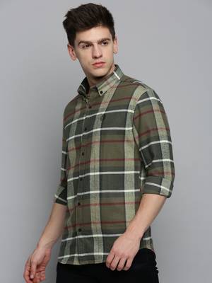 Showoff men's long sleeves tartan checks olive shirt 3