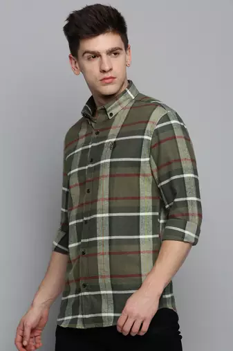 Showoff men's long sleeves tartan checks olive shirt