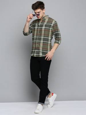 Showoff men's long sleeves tartan checks olive shirt 5