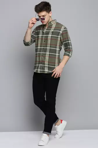 Showoff men's long sleeves tartan checks olive shirt