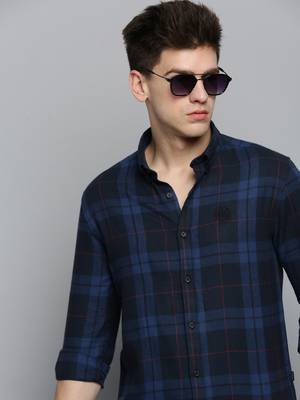 Showoff men's long sleeves checked navy blue shirt 1