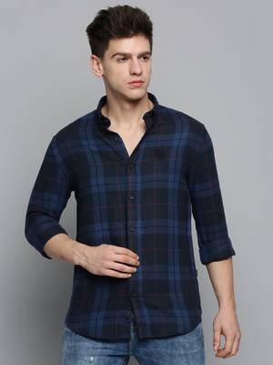 Showoff men's long sleeves checked navy blue shirt 2