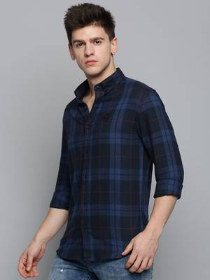 Showoff men's long sleeves checked navy blue shirt 3