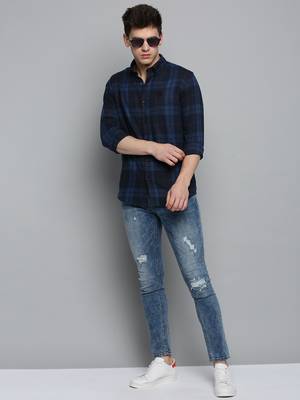 Showoff men's long sleeves checked navy blue shirt 5