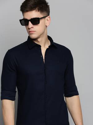 Showoff men's long sleeves solid navy blue shirt 1