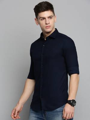 Showoff men's long sleeves solid navy blue shirt 3