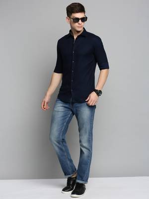 Showoff men's long sleeves solid navy blue shirt 5