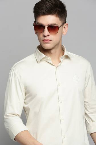 men's long sleeves solid cream shirt