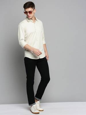men's long sleeves solid cream shirt 5