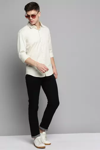 men's long sleeves solid cream shirt