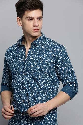 men's long sleeves floral teal shirt