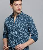 men's long sleeves floral teal shirt