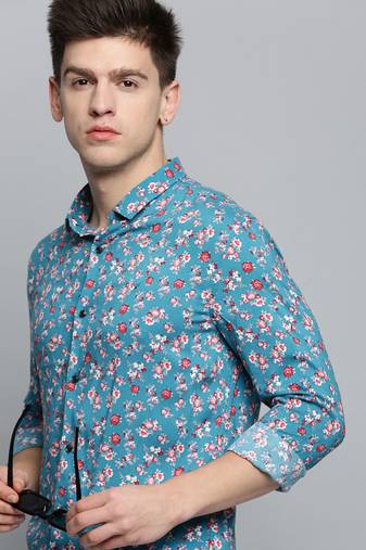 men's long sleeves floral blue shirt