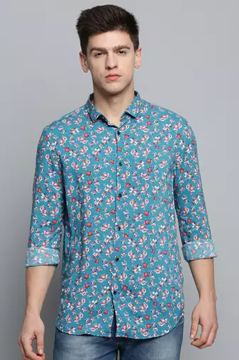 men's long sleeves floral blue shirt