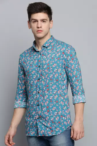 men's long sleeves floral blue shirt