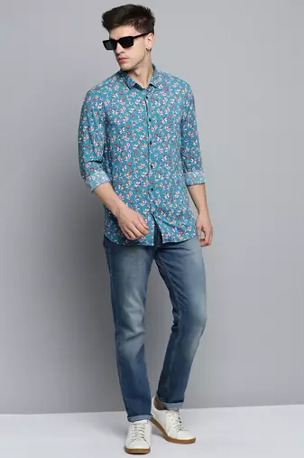 men's long sleeves floral blue shirt