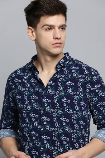 Showoff men's long sleeves floral navy blue shirt