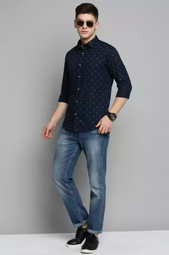 men's long sleeves animal navy blue shirt