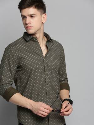 men's long sleeves geometric olive shirt 1