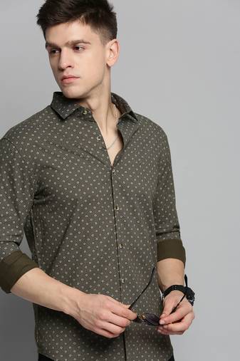men's long sleeves geometric olive shirt