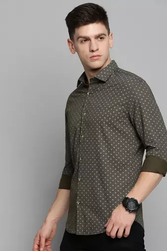 men's long sleeves geometric olive shirt