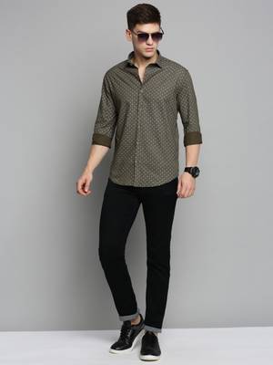 men's long sleeves geometric olive shirt 5