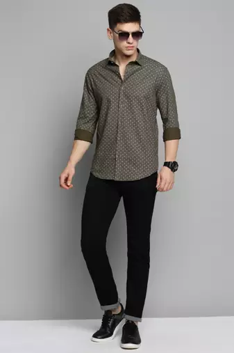 men's long sleeves geometric olive shirt