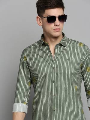men's long sleeves vertical stripes olive shirt 1