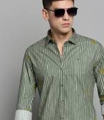 men's long sleeves vertical stripes olive shirt
