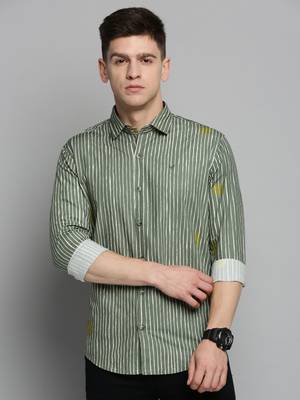 men's long sleeves vertical stripes olive shirt 2