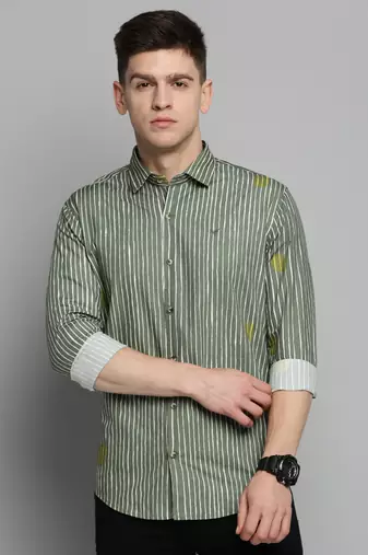 men's long sleeves vertical stripes olive shirt
