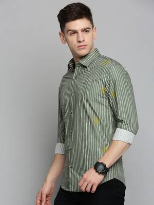 men's long sleeves vertical stripes olive shirt 3