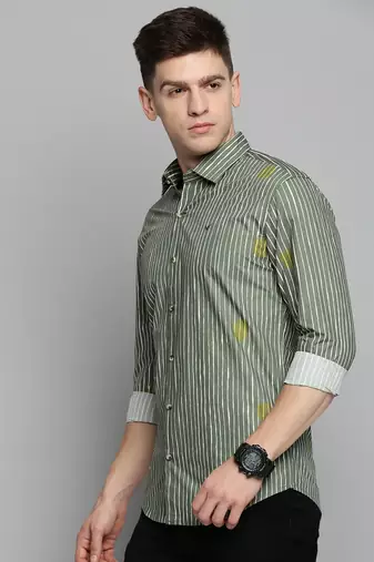 men's long sleeves vertical stripes olive shirt