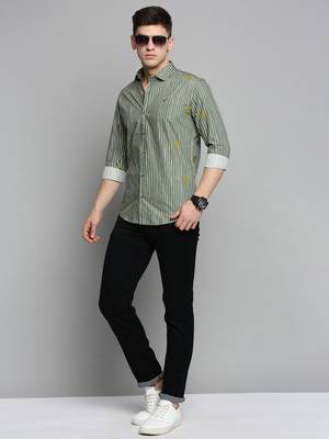 men's long sleeves vertical stripes olive shirt 5