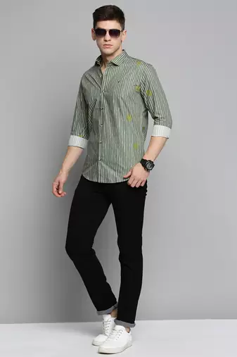 men's long sleeves vertical stripes olive shirt