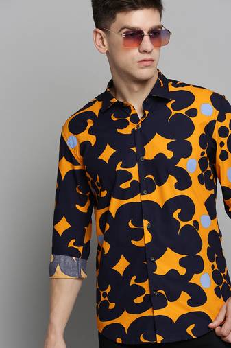 men's long sleeves abstract navy blue shirt
