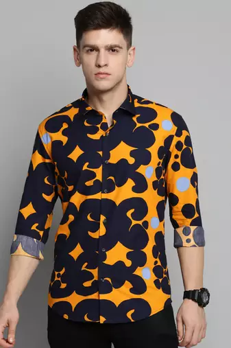men's long sleeves abstract navy blue shirt