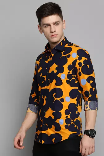 men's long sleeves abstract navy blue shirt