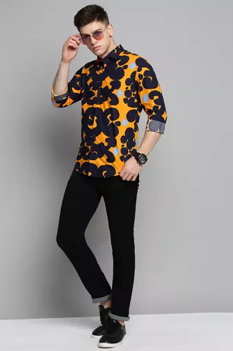 men's long sleeves abstract navy blue shirt