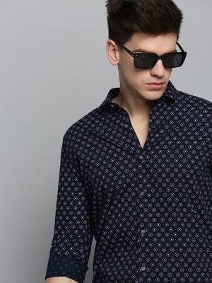Showoff men's long sleeves geometric navy blue shirt 1