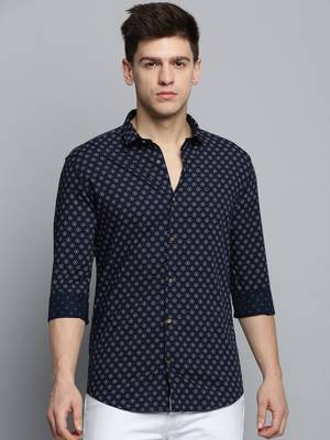 Showoff men's long sleeves geometric navy blue shirt 2