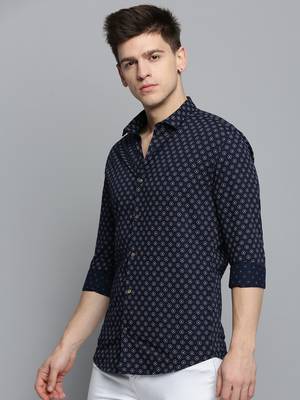 Showoff men's long sleeves geometric navy blue shirt 3