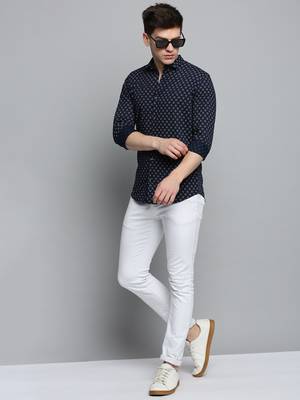 Showoff men's long sleeves geometric navy blue shirt 5