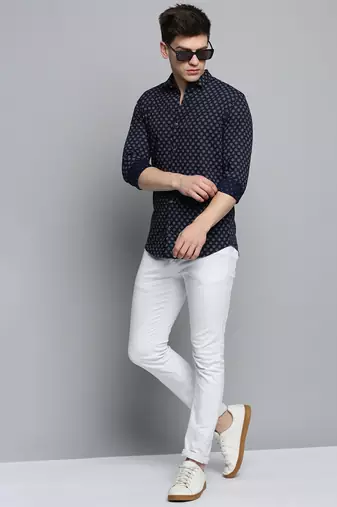 Showoff men's long sleeves geometric navy blue shirt