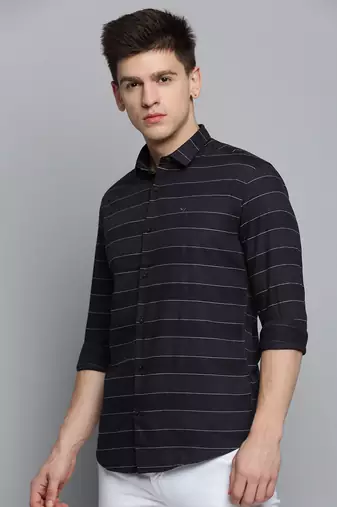 men's long sleeves horizontal stripes black shirt