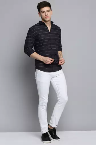 men's long sleeves horizontal stripes black shirt