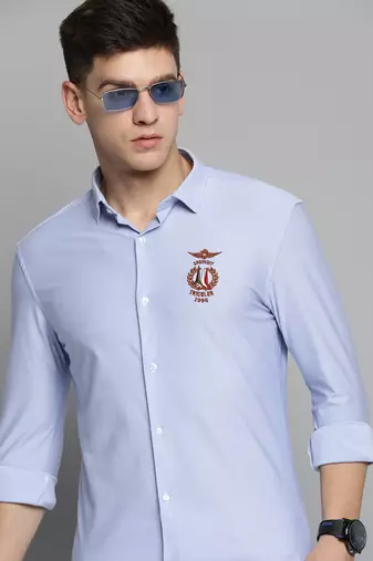 men's long sleeves vertical stripes blue shirt