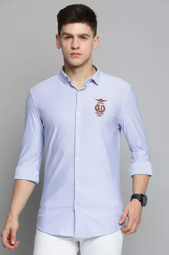 men's long sleeves vertical stripes blue shirt