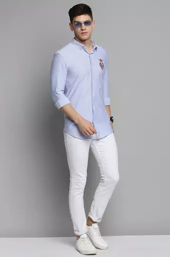 men's long sleeves vertical stripes blue shirt