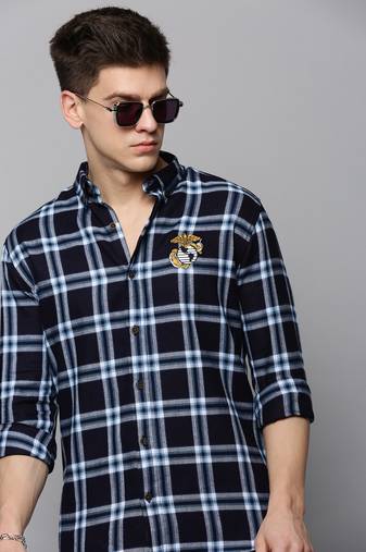 Showoff men's long sleeves tartan checks navy blue shirt